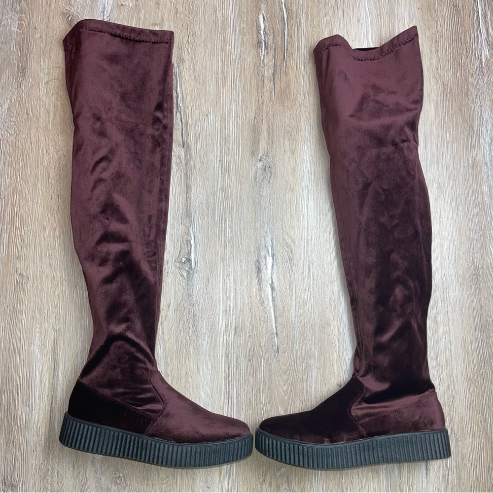 OLIVIA MILLER SZ 8 Burgundy Lynbrook Velvet Over the Knee Boot Platform Sole Y2K